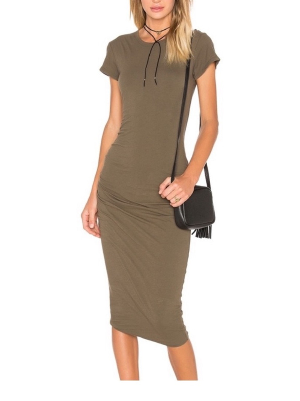 Standard James Perse Khaki Color Ribbed  Cap Sleeve T-shirt Dress Size M